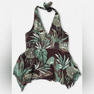 Michael Kors Silk Tropical Plant Leaf Halter Tank Top